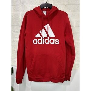 ADIDAS L RED LONG SLEEVE PULLOVER HOODIE. White LOGO‎